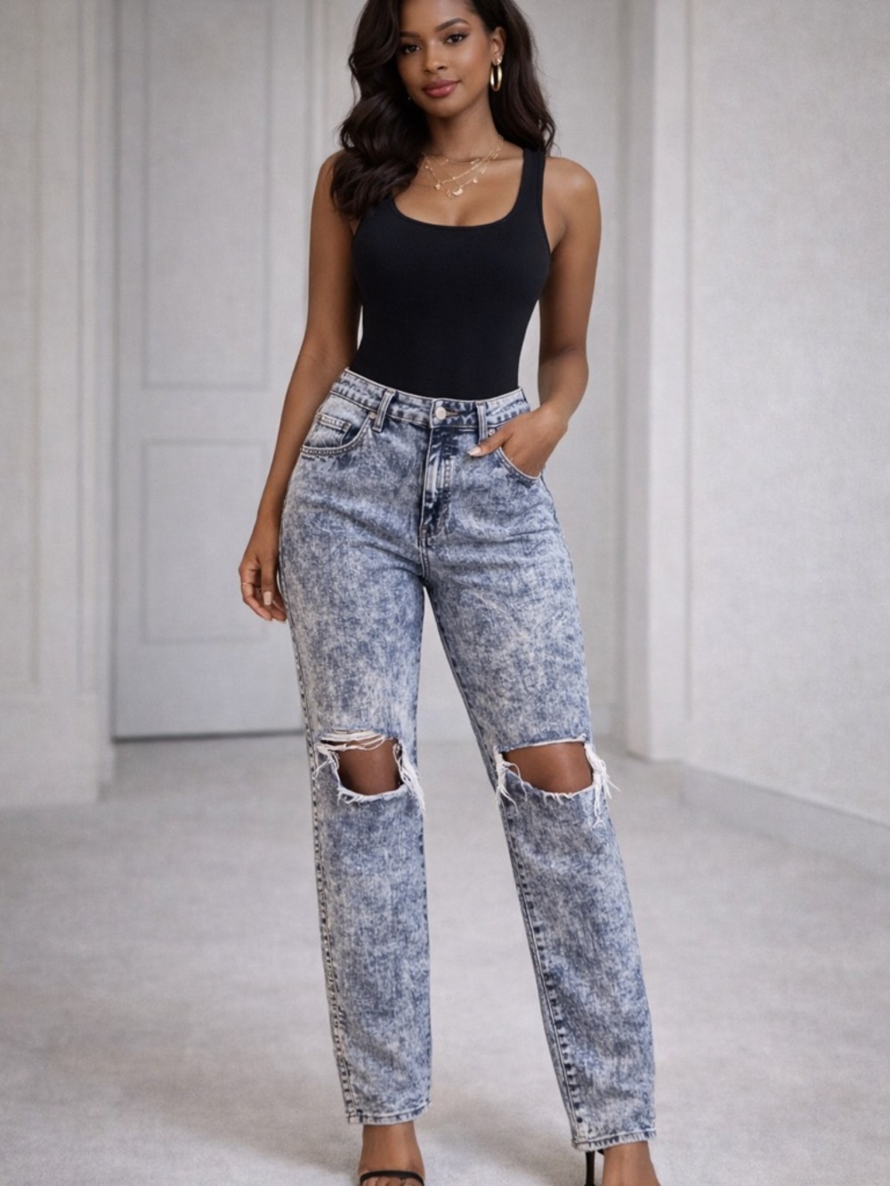 Vibrant Light Blue Acid Wash Ripped Straight-Leg Jeans